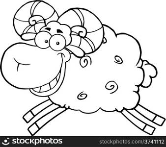Black And White Ram Sheep Cartoon Mascot Character Jumping Illustration Isolated on white