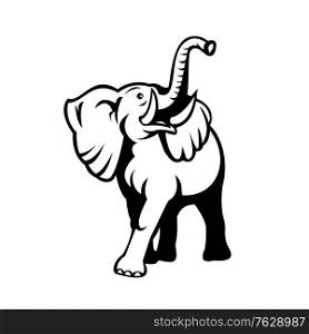 Black and white retro mascot style illustration of an elephant with long tusks looking up viewed from front on isolated white background.. Elephant With Long Tusk Looking Up Mascot Retro Black and White