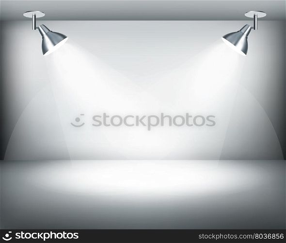 Black and white retro showroom with two lights. Vector.