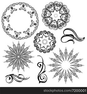 Black and white retro style decorative floral elements collection.