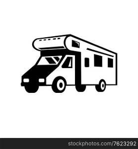 Black and white retro style illustration of a campervan, motorhome or caravan car viewed from side on isolated background.. Campervan Motorhome Caravan Car Viewed from Side Retro Black and White