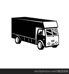 Black and white retro style illustration of a closed delivery van viewed from a high angle on side on isolated background.. Delivery Van Viewed from a High Angle Retro Black and White