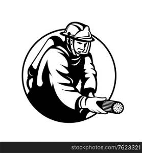 Black and white retro style illustration of a firefighter or fireman aiming a fire hose set inside circle on isolated background.. Firefighter Fireman First Responder Aiming Fire Hose Circle Retro Black and White