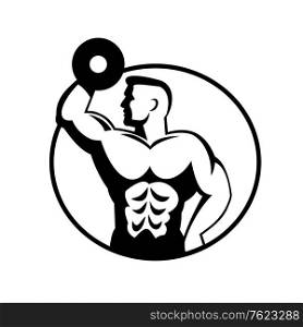 Black and white retro style illustration of a muscular bodybuilder guy lifting dumbbell viewed from side set inside circle on isolated white background.. Muscular Bodybuilder Lifting Dumbbell Viewed from Side Circle Retro Black and White