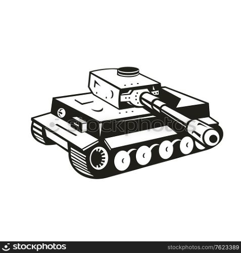 Black and white retro style illustration of a world war two German panzer tank aiming it&rsquo;s cannon to side on isolated background.. World War Two German Panzer Tank Retro Black and White