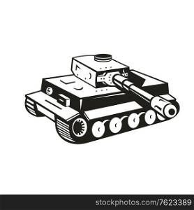 Black and white retro style illustration of a world war two German panzer tank aiming it&rsquo;s cannon to side on isolated background.. World War Two German Panzer Tank Retro Black and White