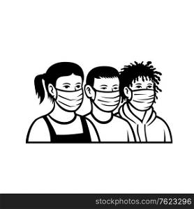 Black and white retro style illustration of American children of different race or ethnicity wearing face mask viewed from front looking to side on isolated white background.. Children of Different Race and Ethnicity Wearing Face Mask Retro Black and White