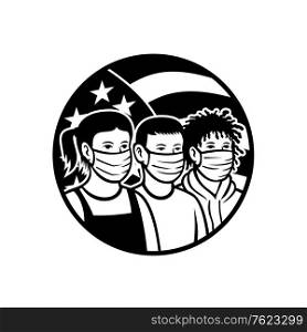 Black and white retro style illustration of American children of different race or ethnicity wearing face mask with USA stars and stripes flag set inside circle on isolated white background.. American Children of Different Race Wearing Face Mask Circle Retro Black and White