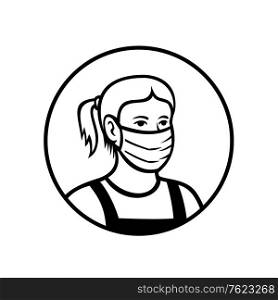 Black and white retro style illustration of an American Caucasian teenage child or teenager boy wearing a face mask viewed from front set inside circle isolated background.. Caucasian Teenage Girl Wearing Face Mask Front View Circle Retro Black and White