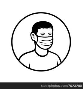Black and white retro style illustration of an Asian teenage child or teenager boy wearing a face mask viewed from front set inside circle on isolated background.. Asian Teenage Boy Wearing Face Mask Front View Circle Retro Black and White
