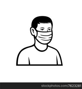 Black and white retro style illustration of an Asian teenage child or teenager boy wearing a face mask viewed from front isolated background.. Asian Teenage Boy Wearing Face Mask Front View Retro Black and White