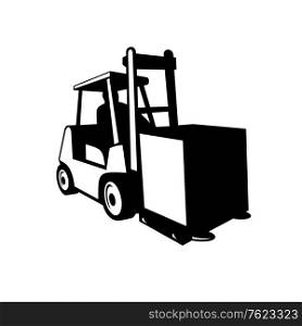 Black and white retro style illustration of forklift truck, powered industrial truck, in operation viewed from front on isolated background.. Forklift Truck in Operation Viewed from Front Retro Black and White