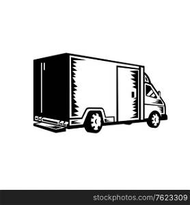 Black and white retro woodcut style illustration of a closed delivery van viewed from rear on isolated background.. Delivery Van Viewed from Rear Retro Woodcut Black and White