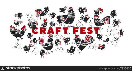 Black and white roosters, hen and chicken vector design element for card, header, invitation, poster, social media, post publication. Folk vibes fest invitation.