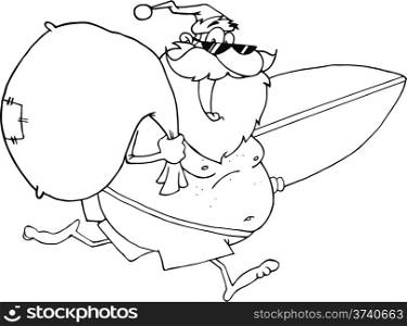 Black and White Santa Claus In Shorts, Running With A Surfboard And Bag