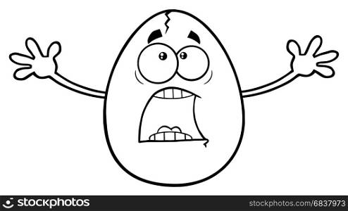 Black And White Scared Cracked Egg Cartoon Mascot Character With Open Arms. Illustration Isolated On White Background