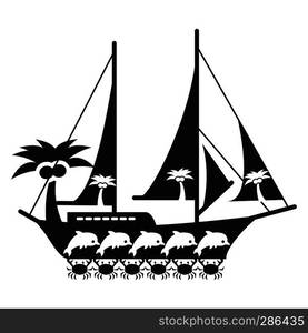 Black and white sea travel concept with ship, crabs, palm tree and dolphins. Vector illustration. Black and white sea travel concept with ship