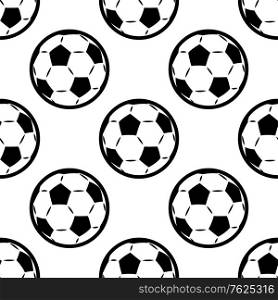 Black and white seamless background pattern of footballs or soccer balls in a repeat motif in square format. Seamless background pattern of footballs