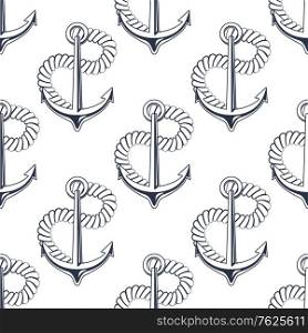 Black and white seamless background pattern with marine anchor with curling rope in a nautical theme suitable for wallpaper, textile or wrapping paper. Marine anchor with curling rope