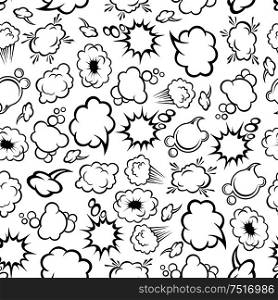Black and white seamless comic book clouds pattern of thought and speech bubbles, explosion dust clouds and blast power trails. Interior accessories, wallpaper design usage. Comics speech bubbles, explosions seamless pattern