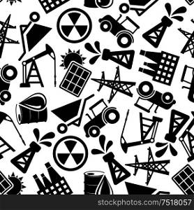 Black and white seamless energy industry and power resources pattern background with silhouettes of solar panels and nuclear plants, pump jacks, oil barrels and pump derricks, power line poles, wheelbarrows and tractors. Energy resources black and white seamless pattern