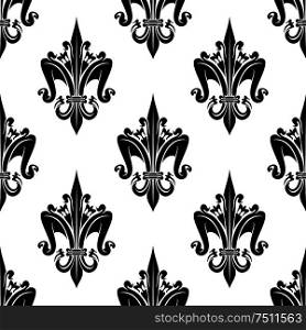 Black and white seamless french heraldic decorative floral pattern of fleur-de-lis flowers. Use as medieval interior design or royal background. Vector illustration. Black and white seamless fleur-de-lis pattern