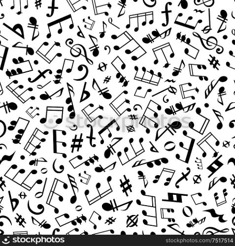 Black and white seamless musical symbols and marks background pattern with musical notes, chords and rests of different durations, treble and bass clefs, flat and sharp accidentals, coda and forte signs. Seamless music notes and marks background pattern