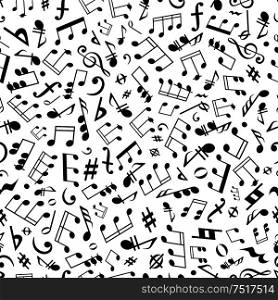 Black and white seamless musical symbols and marks background pattern with musical notes, chords and rests of different durations, treble and bass clefs, flat and sharp accidentals, coda and forte signs. Seamless music notes and marks background pattern