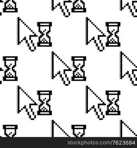 Black and white seamless pattern of a diagonal facing arrow and hourglass in square format with arrows pointing to the upper left corner, pixelated graphics