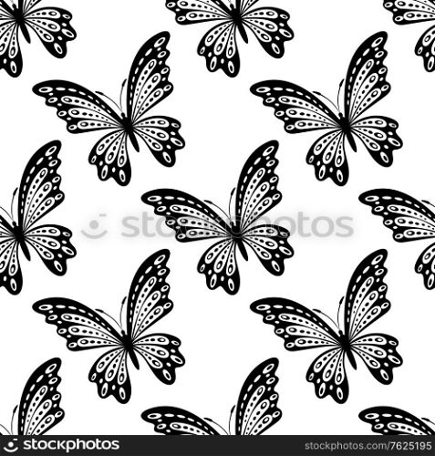 Black and white seamless pattern of beautiful flying butterflies with outspread wings in square format suitable for wallpaper and fabric design. Black and white seamless pattern of butterflies