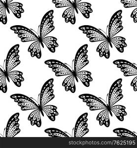 Black and white seamless pattern of beautiful flying butterflies with outspread wings in square format suitable for wallpaper and fabric design. Black and white seamless pattern of butterflies