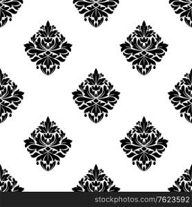 Black and white seamless pattern of diamond shaped floral arabesque motifs arranged in a repeat pattern with a wide white border in square format suitable for damask style fabric and vintage wallpaper