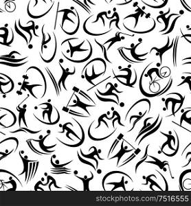 Black and white seamless pattern of football or soccer, basketball, running, golf, cycling, volleyball, wrestling, javelin throw, weightlifting, swimming and water polo sportsmen abstract silhouettes. Seamless pattern with many kinds of sports