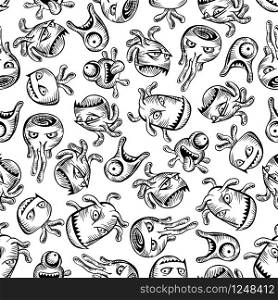 Black and white seamless pattern of scary and funny monsters, aliens, mutants and ghosts sketches with tentacles and horns. Halloween background or children book flyleaf design