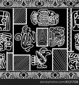 Black and white seamless pattern with Fish, Monkey and Birds. Vector illustration