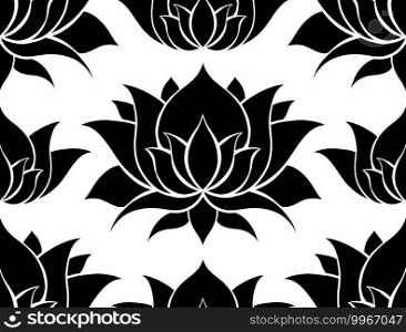 Black and white seamless pattern with silhouettes of lotuses. Water lilies on white backdrop. Natural wallpaper for spa salons and yoga centers. Vector contrast floral texture.. Black and white seamless pattern with silhouettes of lotuses. Water lilies on white backdrop. Natural wallpaper for spa salons and yoga centers.
