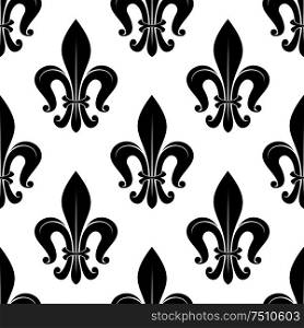 Black and white seamless victorian floral pattern with stylized fleur-de-lis flowers and curled leaves. For textile, wallpaper or heraldry design. Royal fleur-de-lis floral seamless pattern