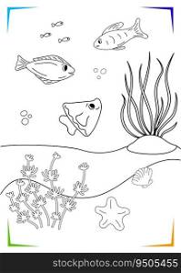 Black and white seaweed, fish, starfish Coloring page for kids. Marine underwater inhabitants vector illustration. Printable for kids. Worksheet for children. Coloring book Black outlines sea life.. Black and white seaweed, fish, starfish Coloring page. Underwater inhabitants vector illustration