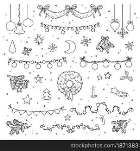 Black and white set of Christmas items. Cartoon collection of vector design elements. Winter holiday symbols: garlands, wreaths, decorated branches and toys
