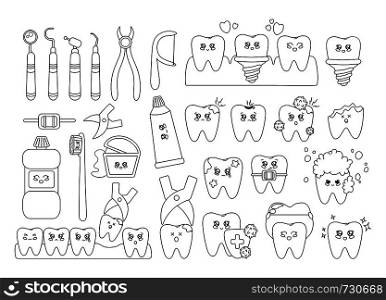 Black and white set of kawaii teeth, dentistry tools, with different emodji, cute cartoon characters - treatment and oral, dental hygiene, dental care concept. Vector flat illustration. kawaii dental care