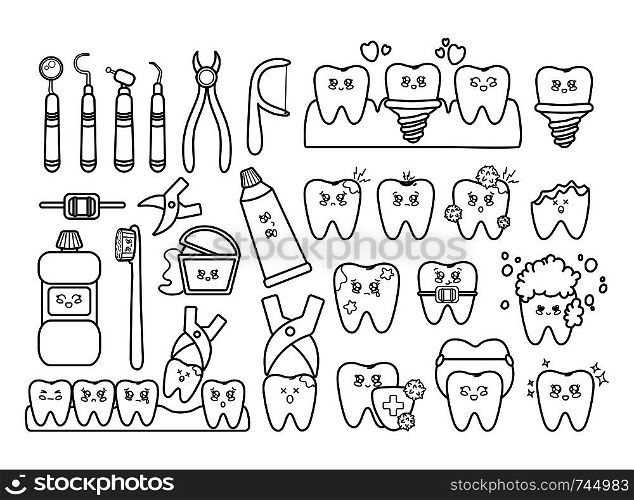 Black and white set of kawaii teeth, dentistry tools, with different emodji, cute cartoon characters - treatment and oral, dental hygiene, dental care concept. Vector flat illustration. kawaii dental care