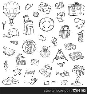 Black and white set of summer objects, vector cartoon collection