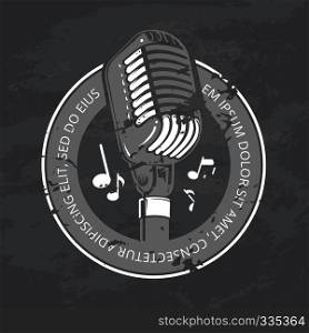 Black and white shabby karaoke club, bar, audio record studio vector logo with microphone on grunge texture illustration. Karaoke club, bar, audio record studio
