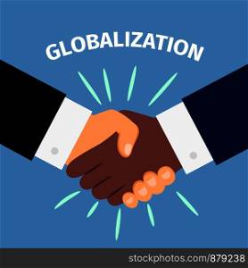 Black and white shaking hands. Partnership, agreement, friendship, global international business concepts, vector illustration. Black and white shaking hands