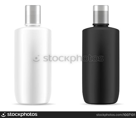 Black and white shampoo cosmetic bottles mockup. Realistic vector 3d illustration of cosmetics package with silver lid. Clear blank template for your design.. Black and white shampoo cosmetic bottles mockup.