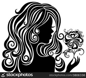 Black and white silhouette of a girl with luxurious hair and flower