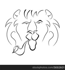 Black and white silhouette of a lion with a pipe. Vector illustration