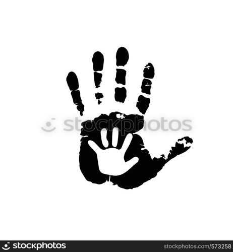 Black and white silhouette of adult and baby hands on white. Mother or father and child handprint. Palm of man and baby. Social illustration idea of the sign for the association of care, charity. . Black and white silhouette of adult and baby hands on white