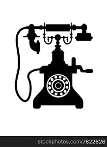 Black and white silhouette of an old vintage telephone with a crank handle, dial and mouthpiece on a cradle