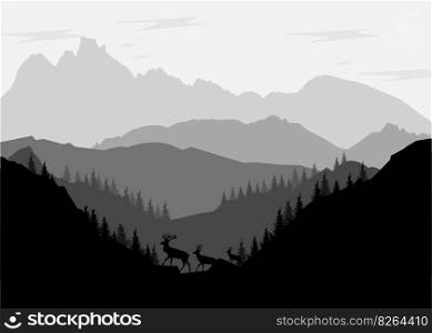 Black and white silhouette of mountains with trees and deer. Vector illustration.